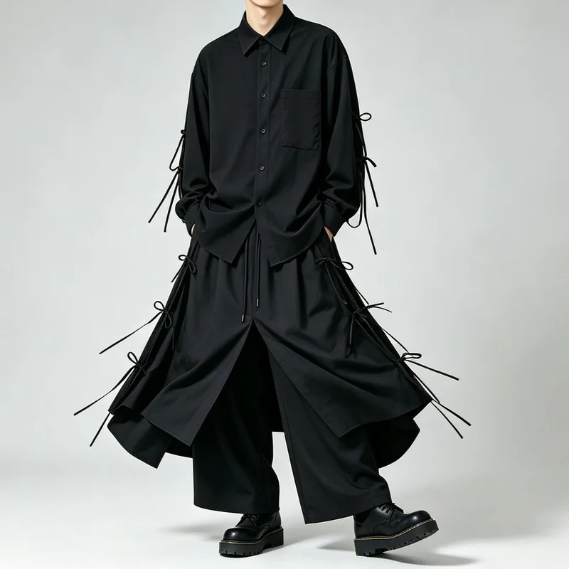 Men'S Casual Wide-Leg Pants, Unisex Style, Skirt Pants, Loose Fit, High-Waisted, With Drawstring, Cropped Length, A129, Men'S Ca