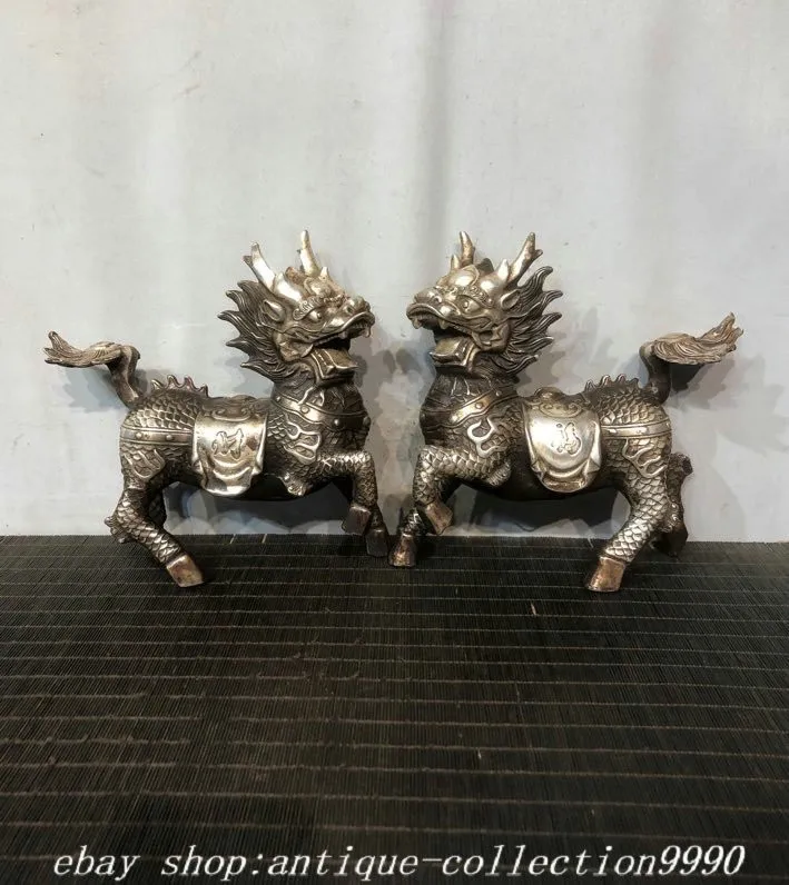 Old Dynasty Bronze Silver Kylin Unicorn Qilin Chi-lin Dragon Beast Statue Pair