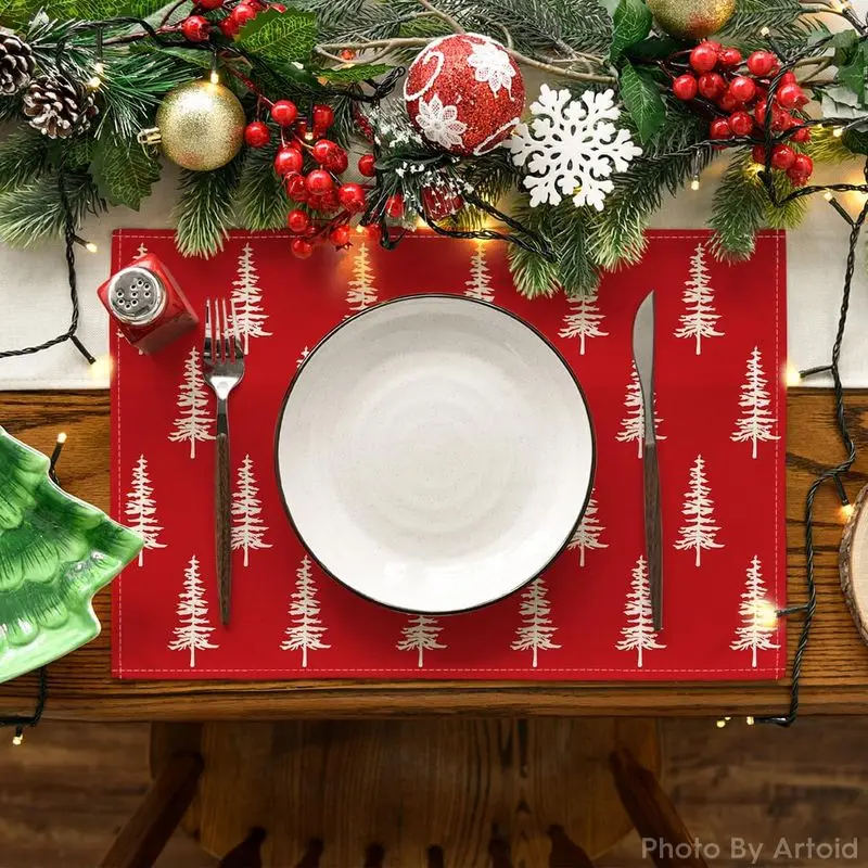 VIKAMA Christmas Placemat Plaid Xmas Tree Print for Dining Table Home Kitchen Winter Holiday Table Party Decor