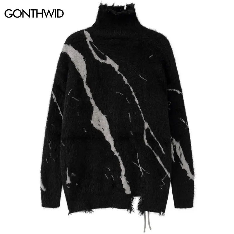 2023 Men Turtleneck Sweater Streetwear Distressed Knitted Sweater Ripped Hole Hip Hop Retro Pullover Harajuku Sweater Soft Black