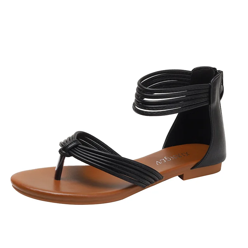 Low Sandals Woman Leather Summer Mid-Calf Strap All-Match Suit Female Beige Women’s Shoes Large Size Low-heeled Gladiator