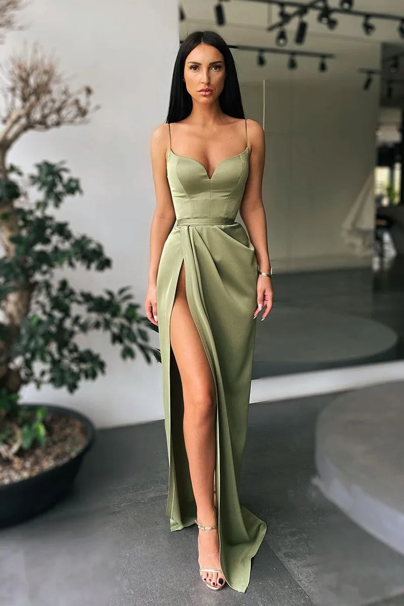 Plunging Long Prom Dresses Stretchy Satin High Slit Formal Party Women Evening Gowns Elegant Simple Custom made