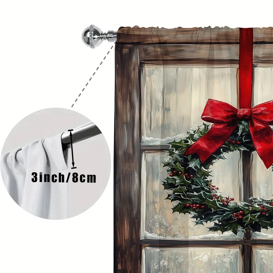 2PCS Christmas Wreath Window Curtains, Wooden Frame Red Bow Snowy Scene, Rustic Farmhouse Holiday Window Drapes for Bedroom