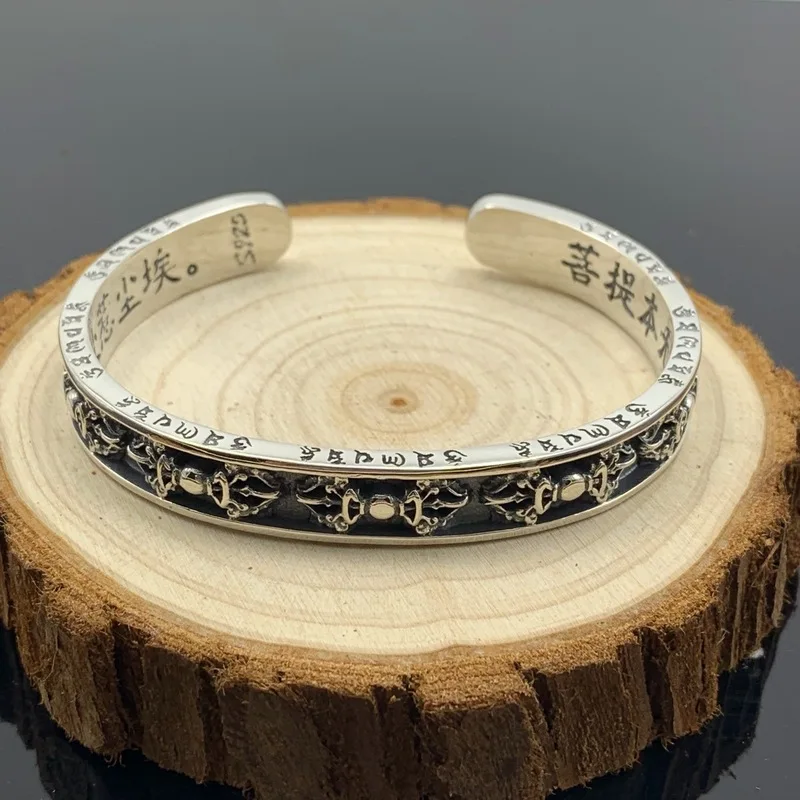 S925 Vintage Thai Silver Men'S Six-Character Mantra Vajra Open Bracelet