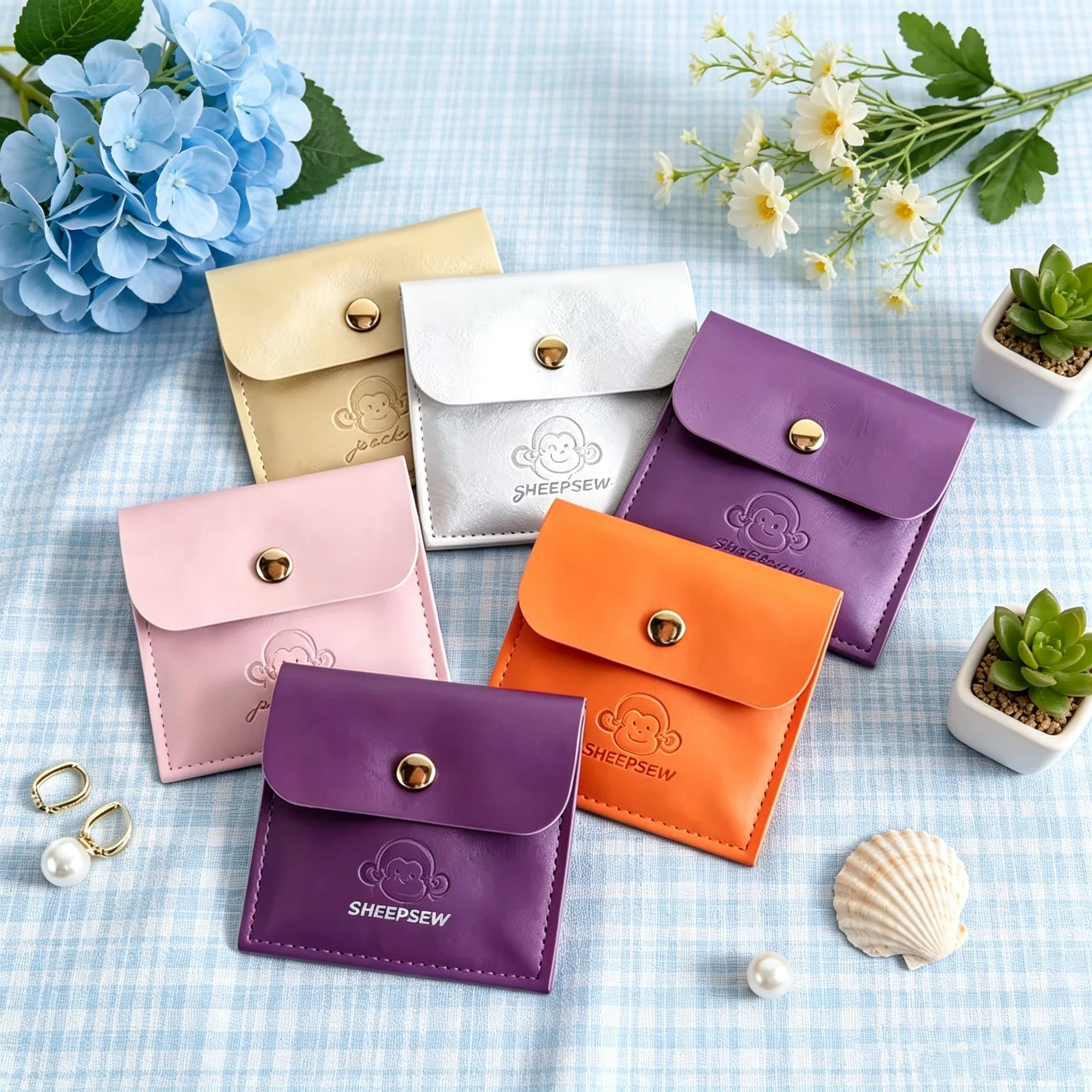 Soft Leather Jewelry Gift Bags With Gold Button Package ,Personalized Embossed Coin Keychain Headset Purse Storage Pouch