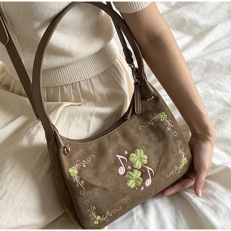 Vintage Grass Music Note Embroidery Shoulder Bag Suede Hobo Handbag Casual Zipper Women Commute Underarm Purse Crossbody Tote
