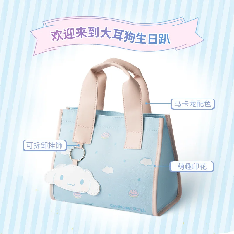 Kawaii Sanrio Bento Bag Cinnamoroll Kuromi Mymelody Canvas Pu Square Portable Lunch Box Bag Student Birthday Christmas Gift Girl