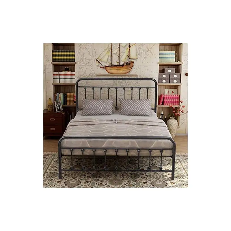 Queen Size Metal Platform Bed Frame with Vintage Headboard & Footboard, No Box Spring Needed, Premium Steel Slat Support