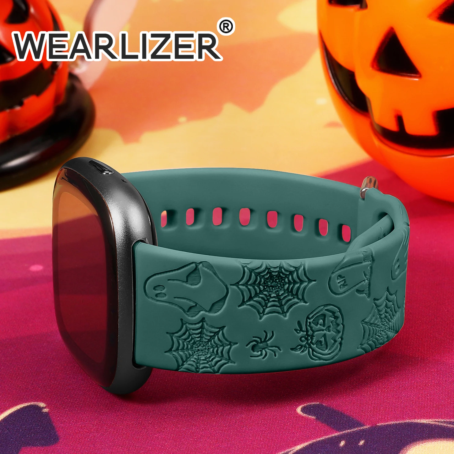 Wearlizer Halloween Engraved Band for Fitbit Versa 4/Sense 2/Versa 3/Sense Ghost Pumpkin Soft Silicone Sport Solo Loop Strap