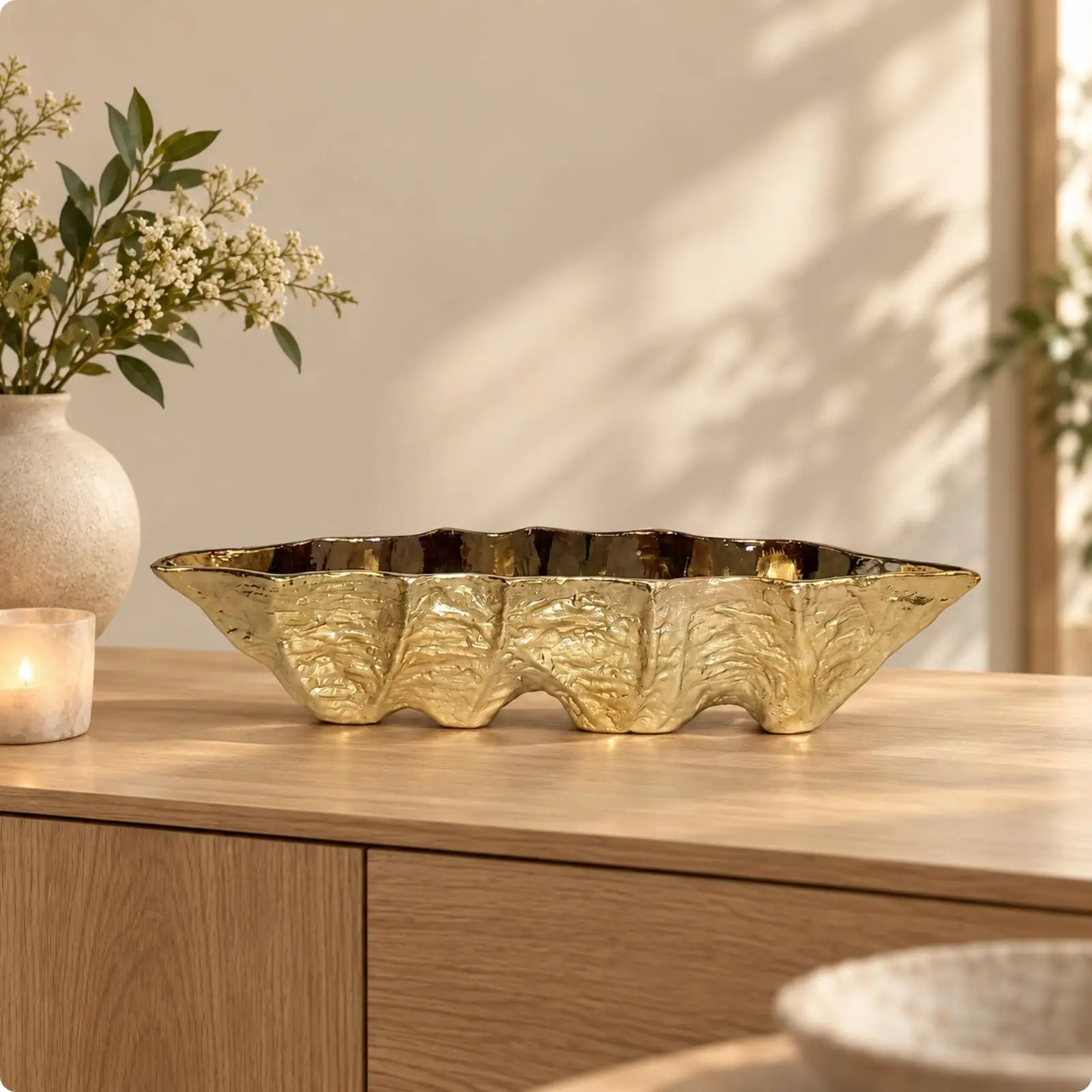 Elongated Metal Tray Raised Edge Leaf Design Champagne Finish Decorative Serving Tray for Home Table Decor