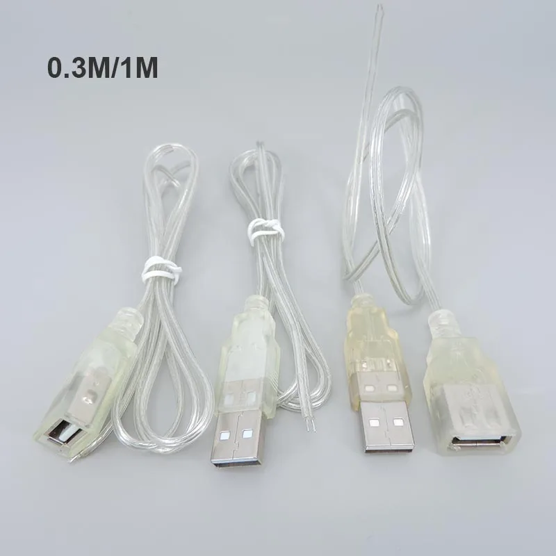 0.3m 1m 2Pin 5V USB 2.0 Type A Male Female Power Supply Cable Jack Wire Charger 26awg transparent Cord Extension Connector