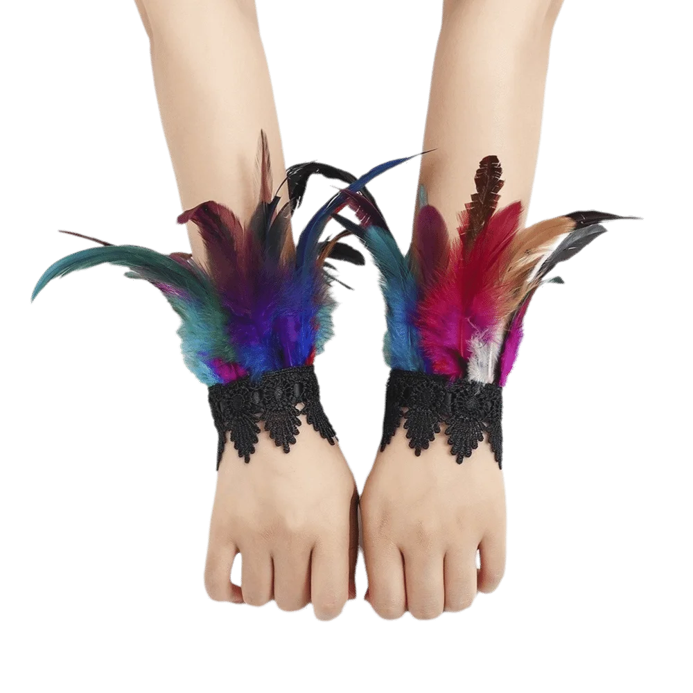 Black Lace Fluffy Feather Wrist Cuffs Lightweight Chic Halloween Arm Cuff Gloves Adjustable Gothic Plume Bracelet Cosplay