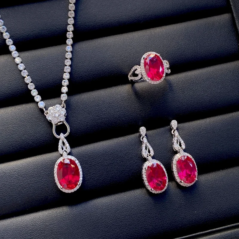 

Oval Red Corundum Luxurious Fashion Three-Piece Full Diamond Open Ring Women's Elegant Pendant Earrings Set