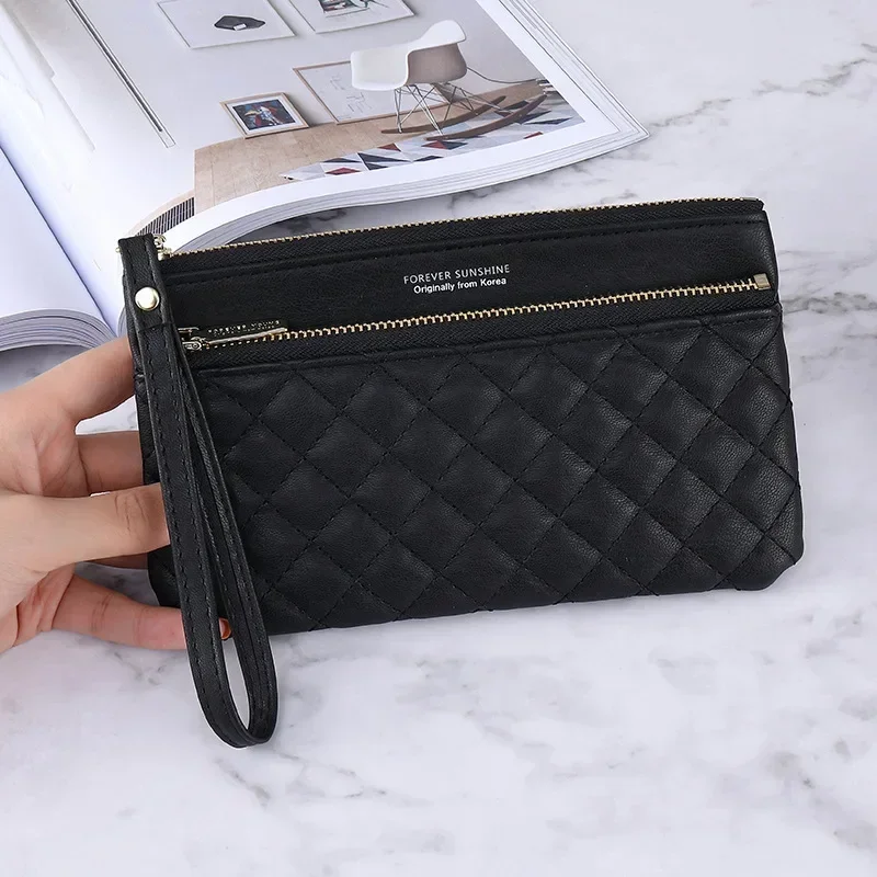 Western Style Wallet Ladies Long New Zipper Simple Solid Color Rhombus Thin Multi-function Large-capacity Clutch Women  Purses
