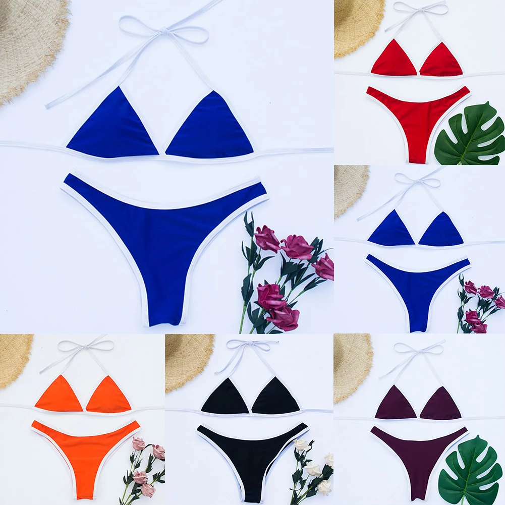 Womens Sexy Lingerie Split Bikini Solid Holiday Beach Monochrome Swimsuit Lace Up Bikini Sets Swimwear  Breathable Underwear