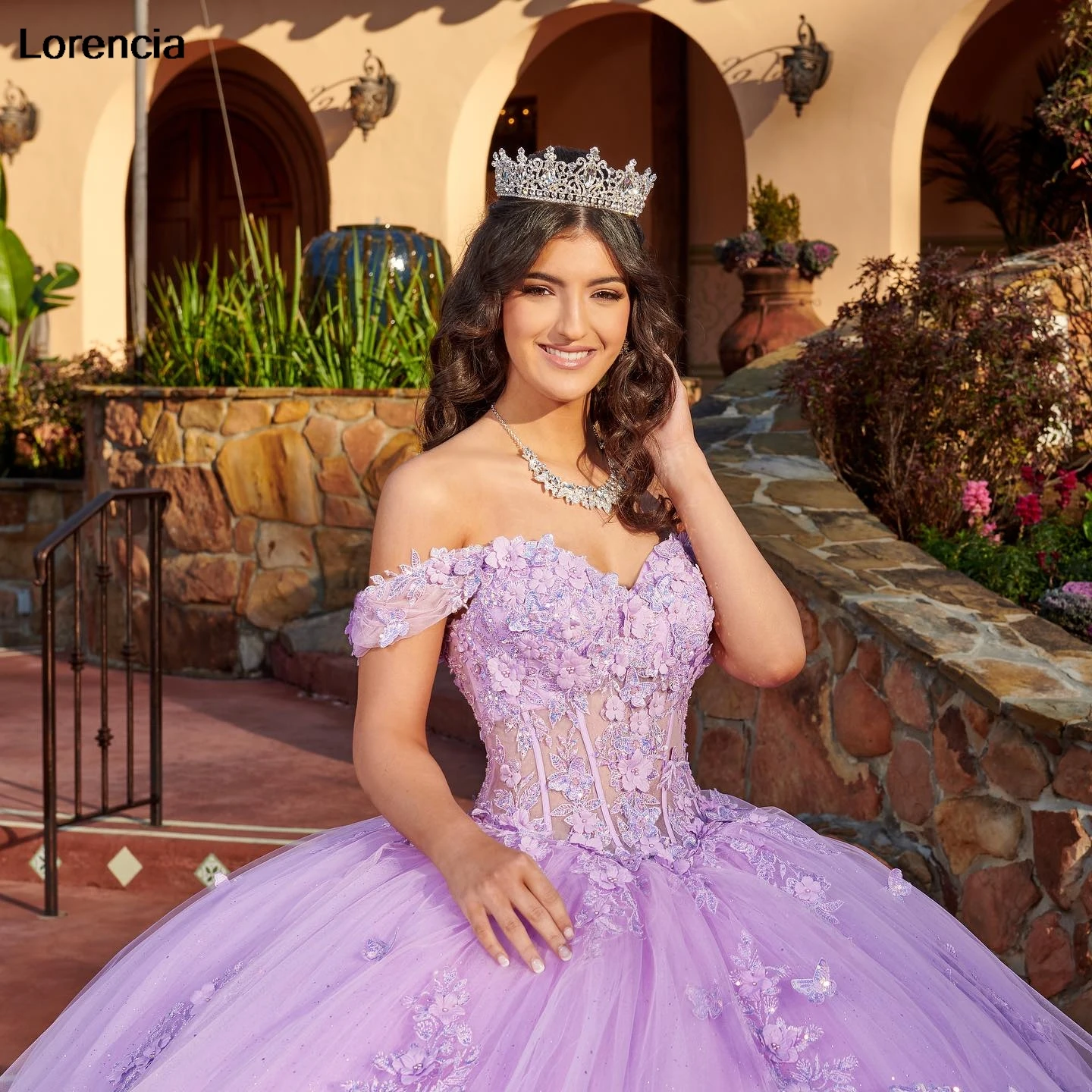 Vestido de baile frisado com aplique de renda Lorencia, vestido Lilás Quinceanera Glitter, Espartilho México, Sweet 16, 15 Years, YQD824