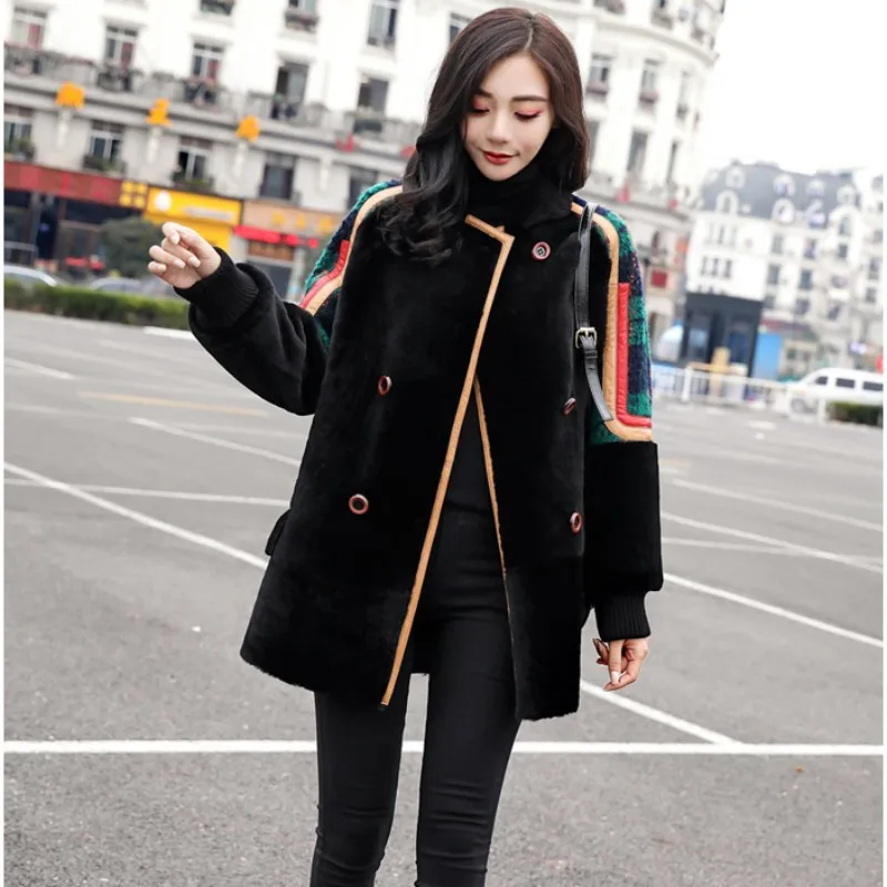 

Women's Splicing Lamb Wool Coat, Mid-length, Warm, Basic-coat, Female Overcoat, Double Breasted Cotton, Thick Parka, New, Winter