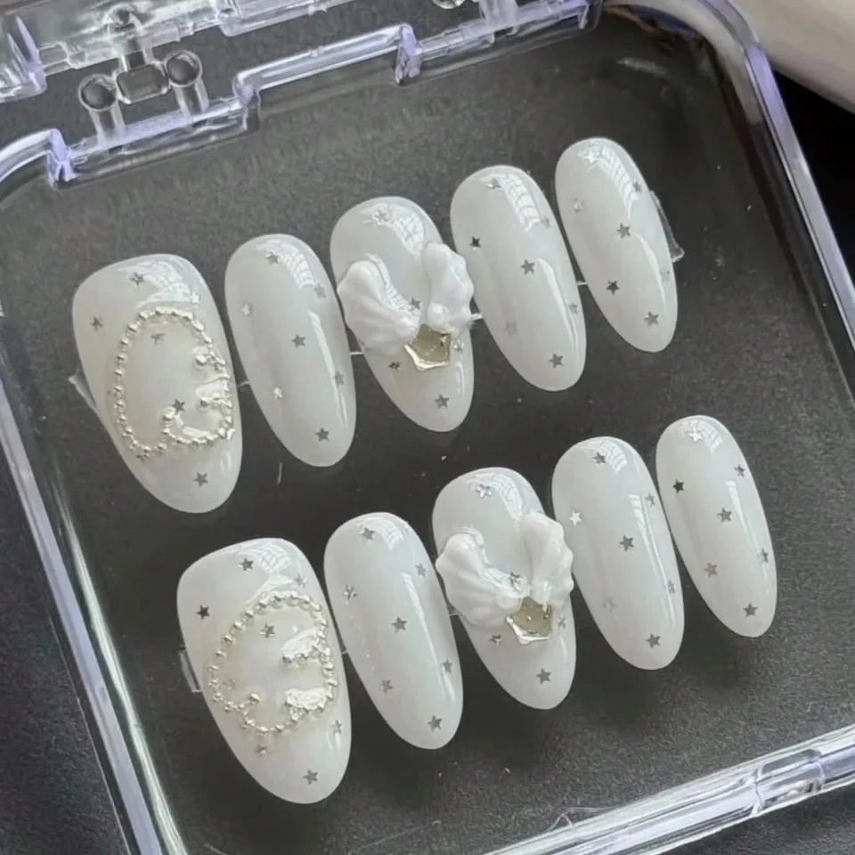 10 Uñas Almendradas Hechas a Mano, Hermosas Uñas Postizas con Notas de Alas de Ángel, para Mujer 4
