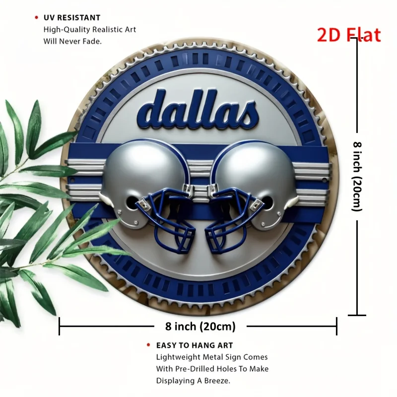 2D Flat - 8-Inch Round Dallas Football Helmet Aluminum Sign - Waterproof, Weather-Resistant High-Definition Print, Pre-Drilled