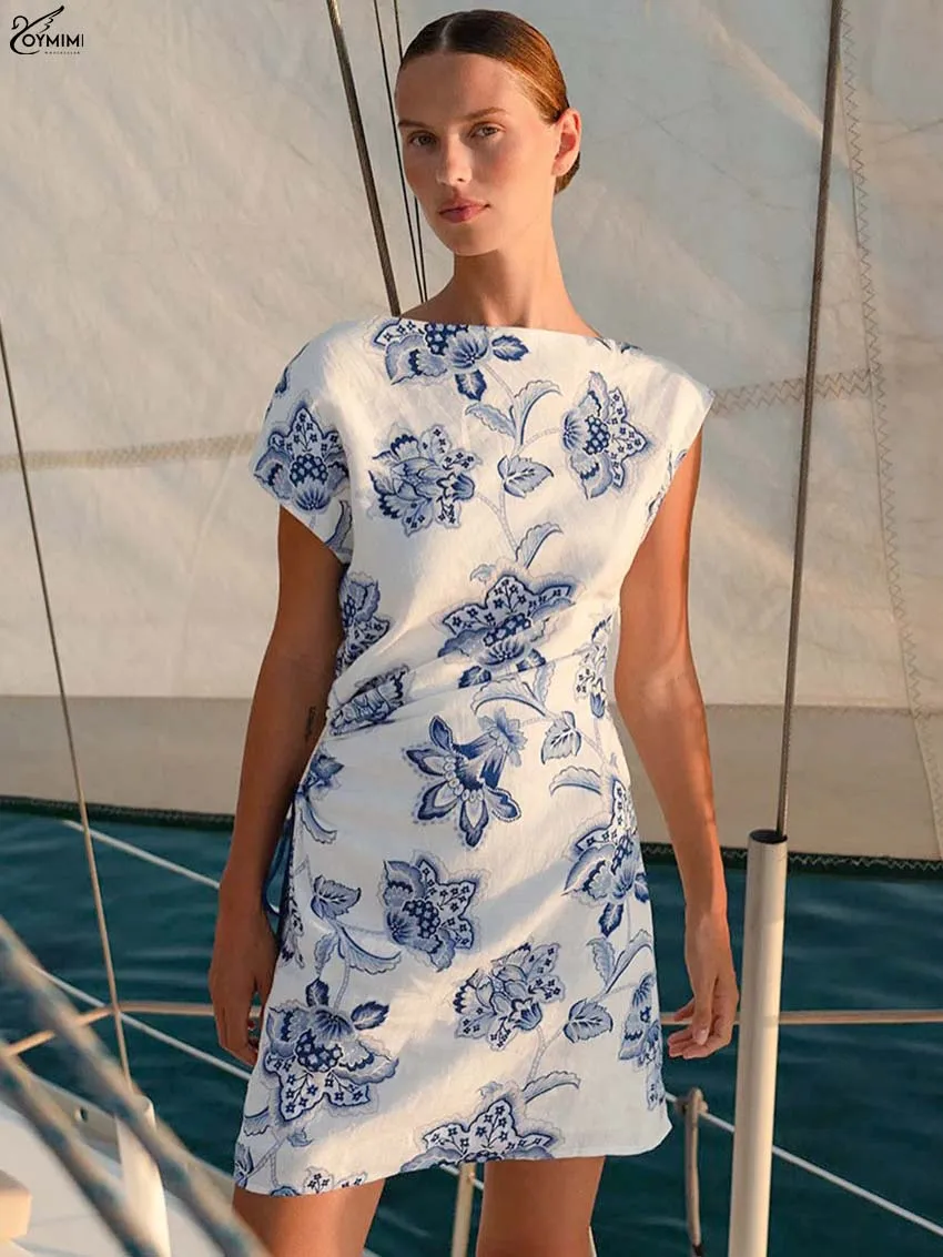 

Oymimi Casual Blue Print Women's Dress Fashion O-Neck Sleeveless Slim Dresses Elegant New Straight Mini Dresses Female Clothing