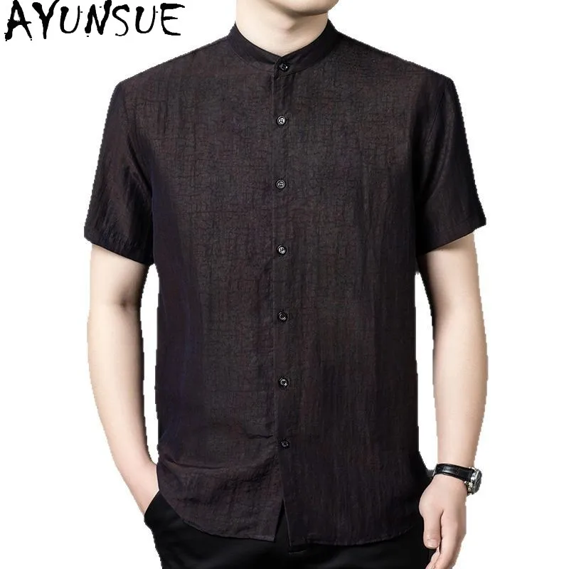 AYUNSUE High Quality Real Gauze Silk Tops Man Clothing 2026 Summer 100% Mulberry Silk Shirt Men Casual Satin Shirts Short Sleeve