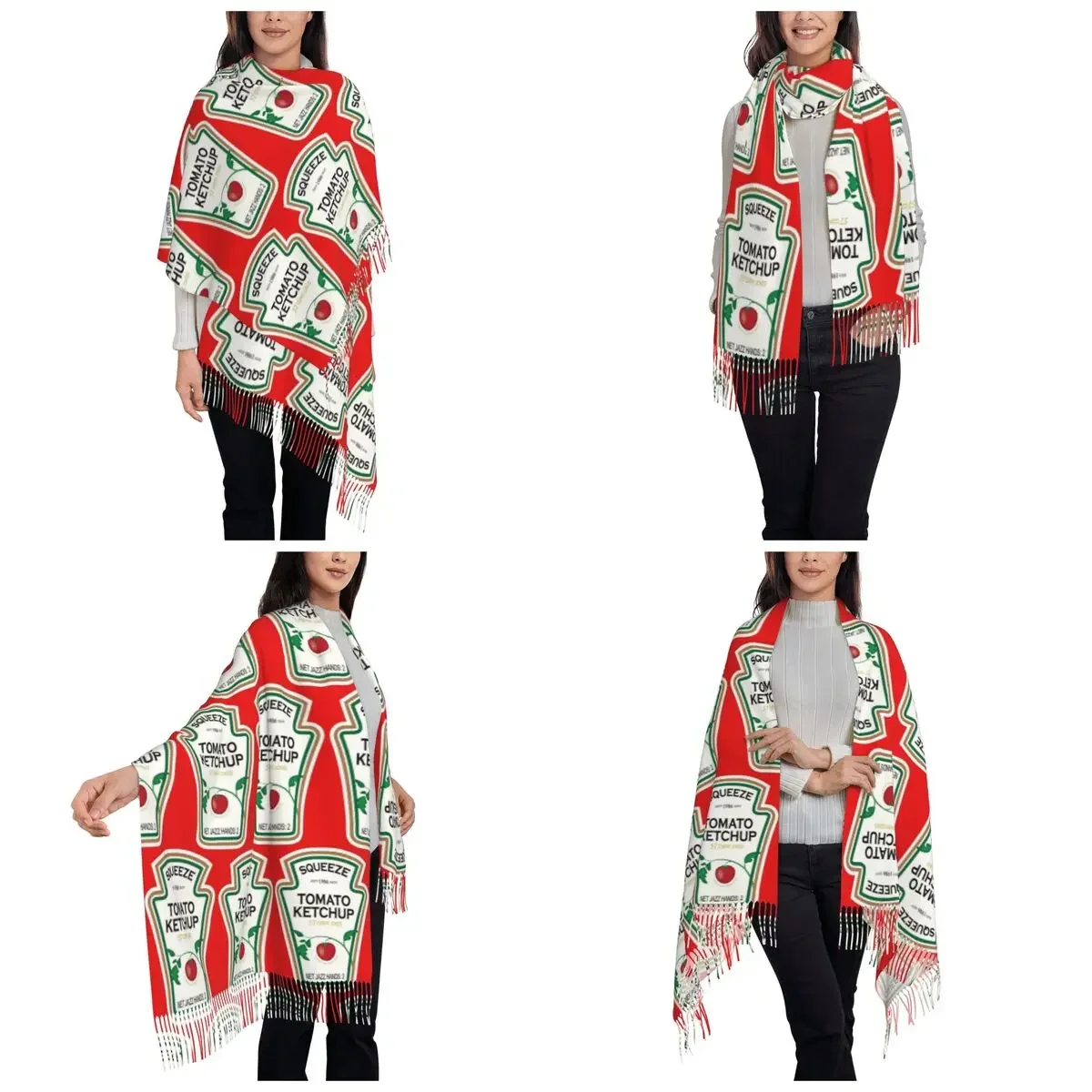 Funny Ketchup Label Scarf Tassel Scarves for Women Soft Warm Shawls and Wraps Long Fall Winter Shawl Wrap