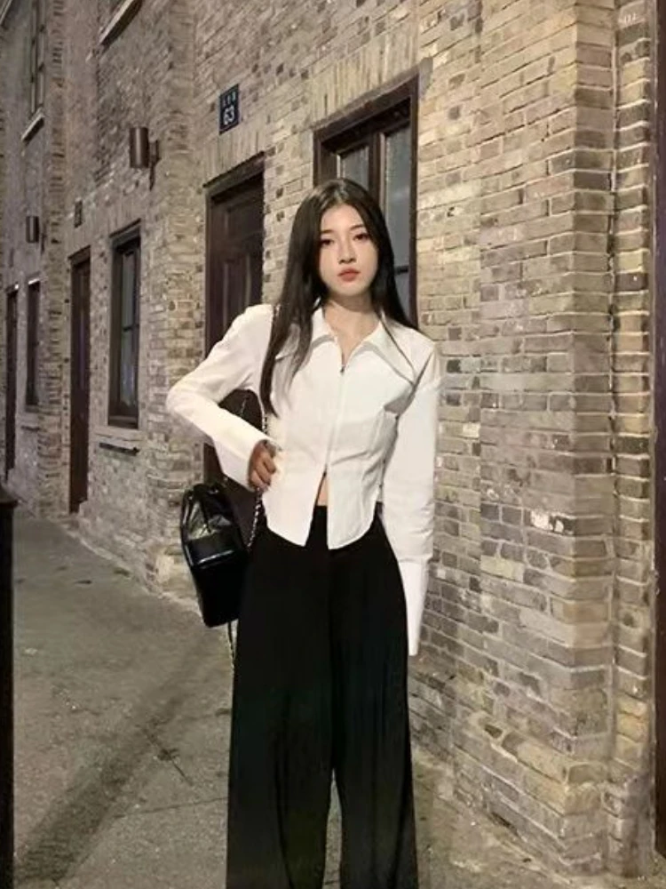 Slim Crop Long-sleeve Shirts Women Simple Elegant Office Lady Y2k Chic Zipper Korean Style Trendy Streetwear Inside All-match