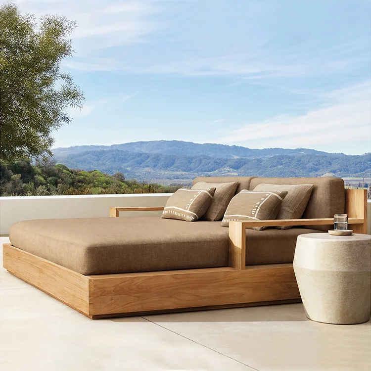 Modern Luxury Garden Bed Weather Resistant Teak Wood Chaise Lounge Patio Pool Outside Furniture Double Outdoor Daybed