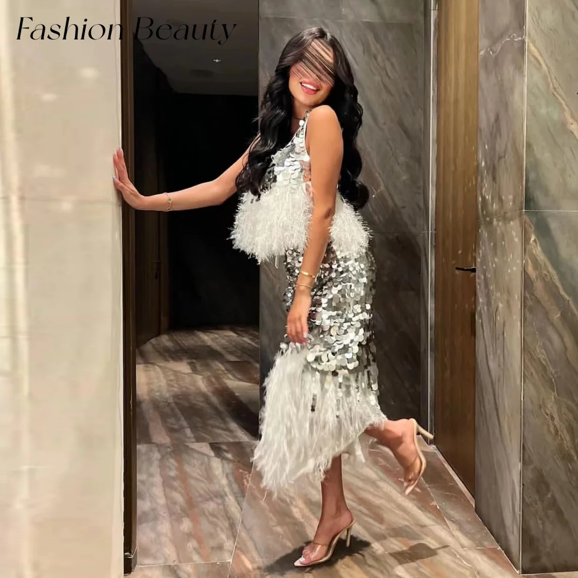 Fashion Beauty Sequin Feathers Evening Dress Women Spaghetti Ankle-Length Mermaid Elegant Formal Party Dress 2024 فساتين الحفلا