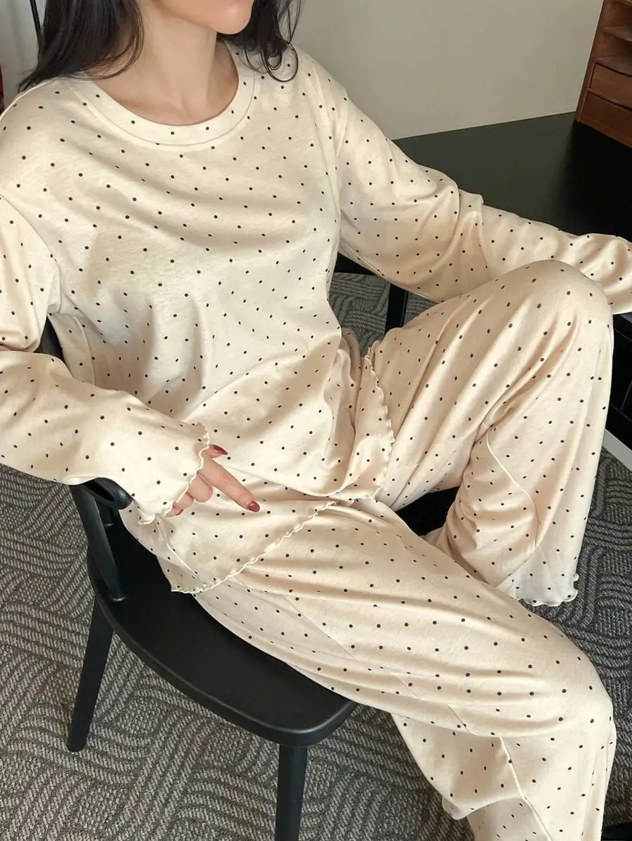 

Polka Dot Print Loose Pajama Set With Lettuce Trim For Women
