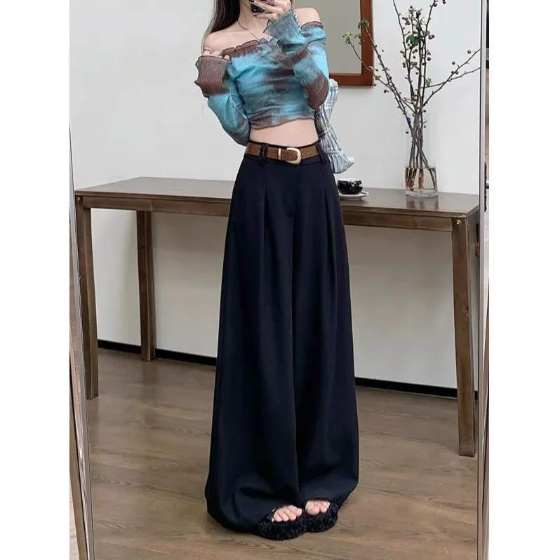 Black wide-leg pants women's new spring and summer 2025 black drape floor trousers