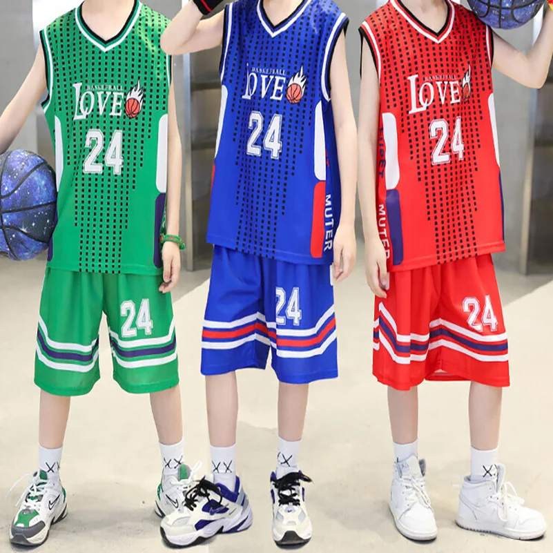 6pcs/Summer boys kid clothes 3 colors breathable fashion boys basketball sportswear child set, Sportswear and shorts cheap