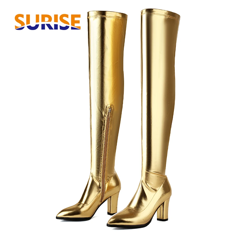 

Shiny Gold Women Thigh High Boots Pointed Toe Chunky Heel Silver Party Club Lady Winter Party Club Zipper Riding Over Knee Boots
