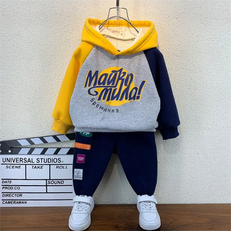 

Children Sweatsuit Set New Hooded Thicken Warm Suits Baby Boys Letter Sweatshirt+Sweatpant 2Pcs Kids Casual Fleece Outfits