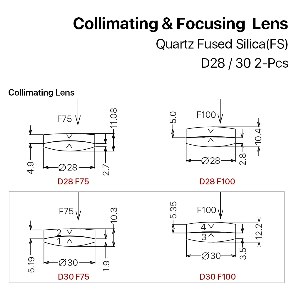 Laser Collimator & Focusing Lens D28/D30 F100/F125/F150/F200 1064nm for Raytools 1500W WSX Bodor Laser Head BM110 BM114 BT240S