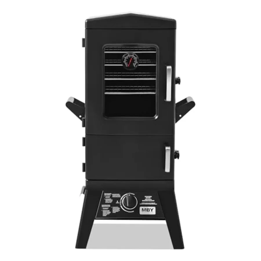 4-Rack Vertical Propane Smoker with Cover: outdoor cooking, stainless steel, black, precise temperature control