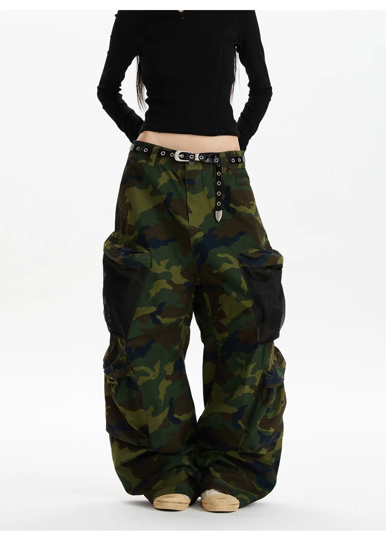 American retro washed camouflage work pants for women loose straight leg multi pocket wide leg casual paratroope Trousers