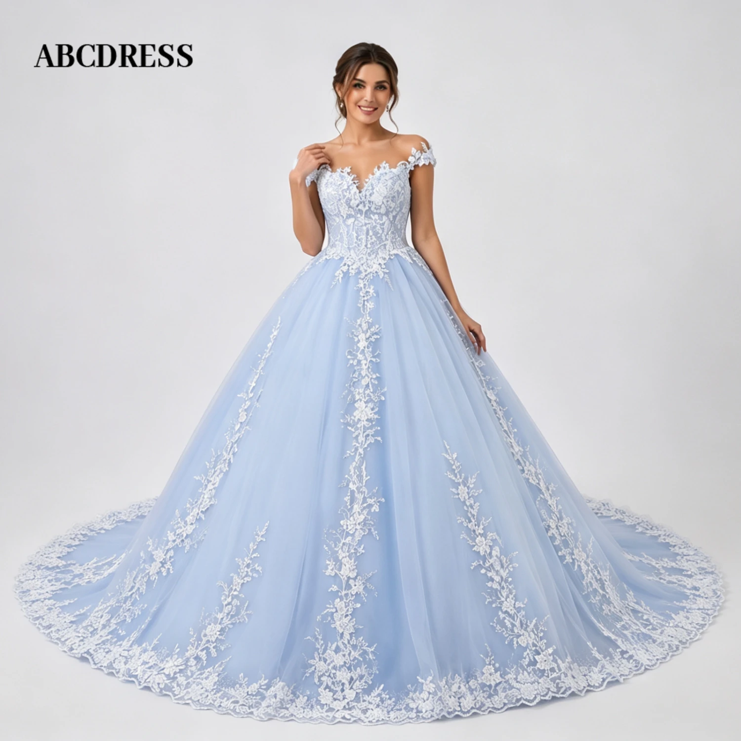 ABCDRESS Customized Off-the-Shoulder Ball Gown Lace Applique Blue A-Line Wedding Dresses Sweetheart Chapel Train Bridal Dress