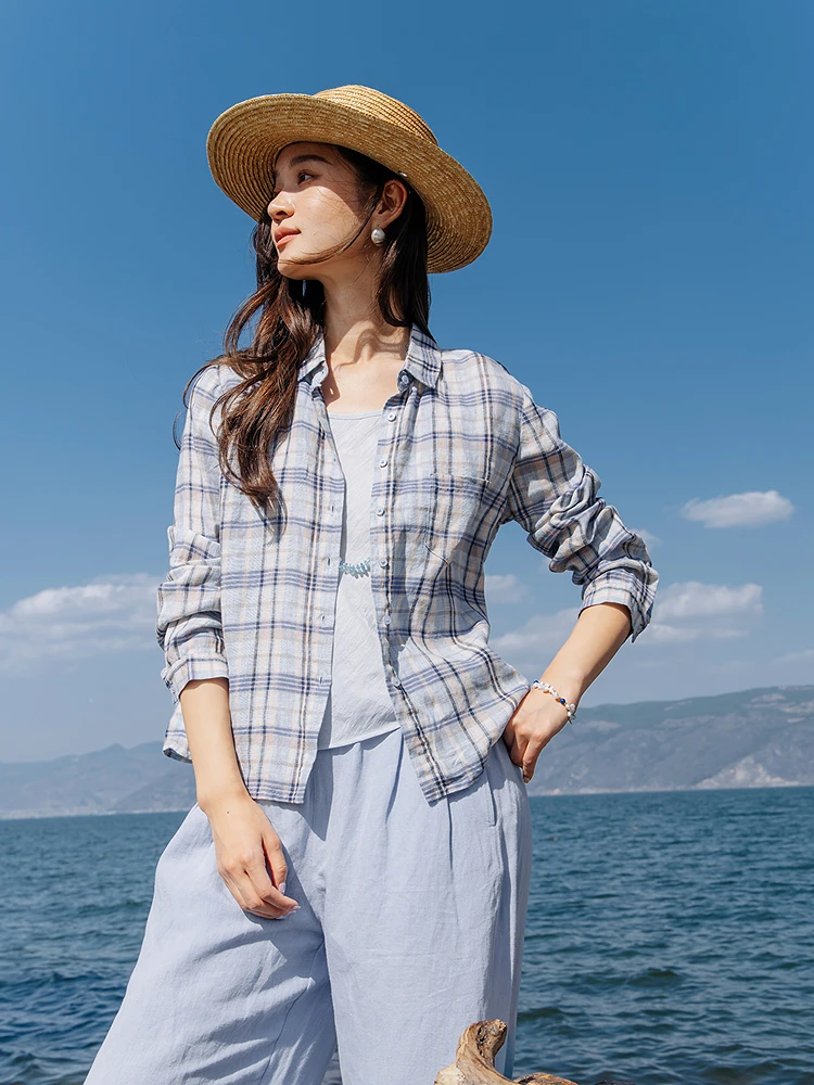 Blue Series Pure Linen Color Weave Shirt 274 Blooming Slim Fit Long Sleeve Shoulder Length Vacation Sun Protection Casual Shirt