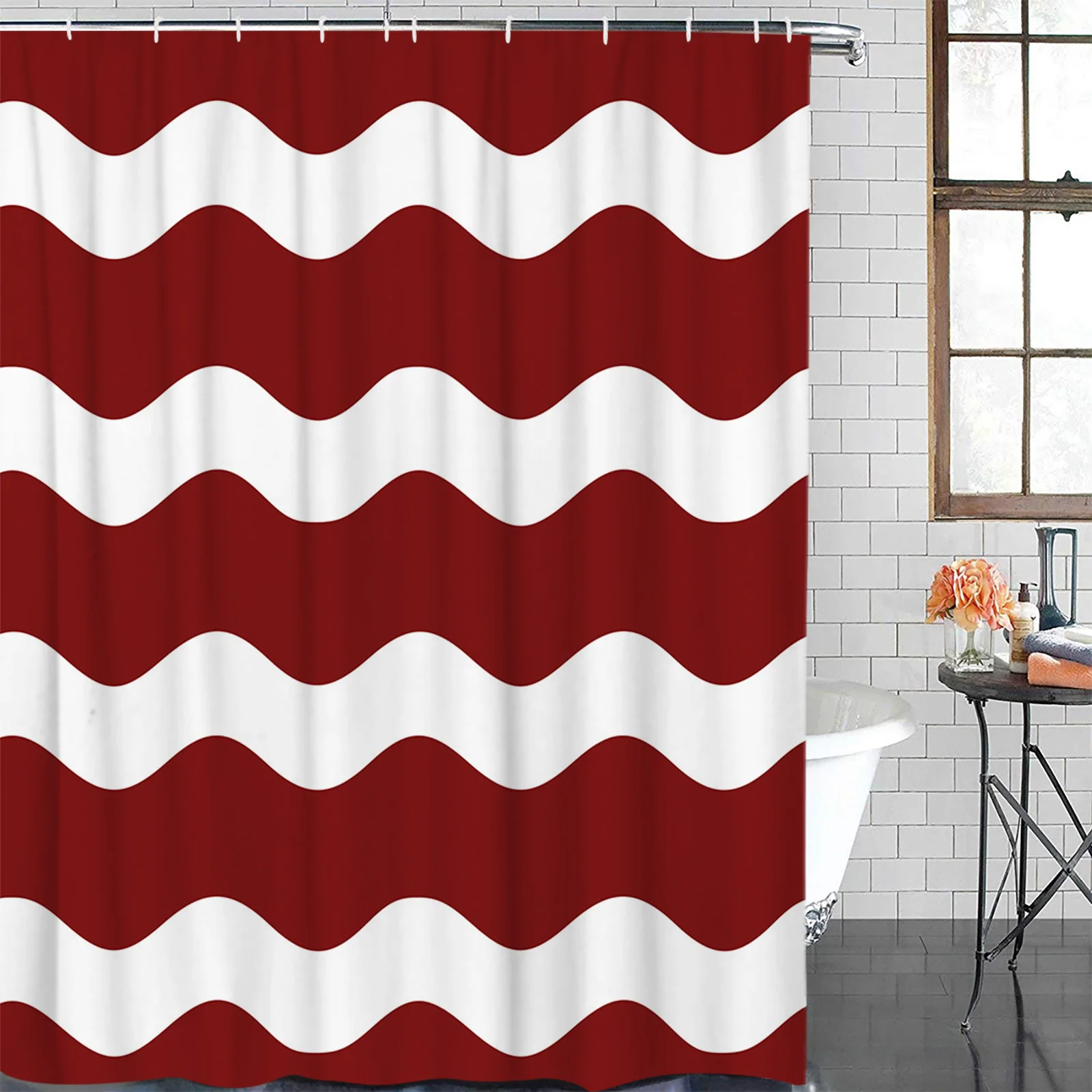 Red Ripple Waves Waterproof Bathroom Decoration Shower Curtain With Hook Printed Bathtub Curtains Bathroom Accessories