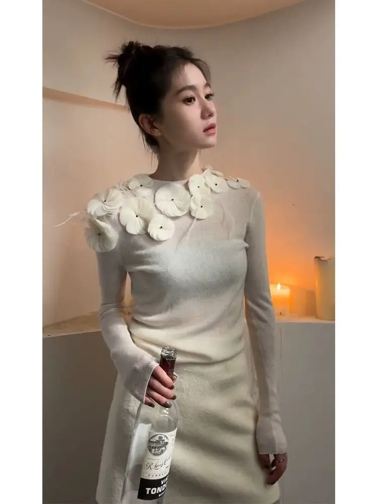 New Chinese Style O-neck Flower Beading Tops Women Spring  Slim Fit White Pullovers Y2k E-Girl Long Sleeve Sweater Mujer