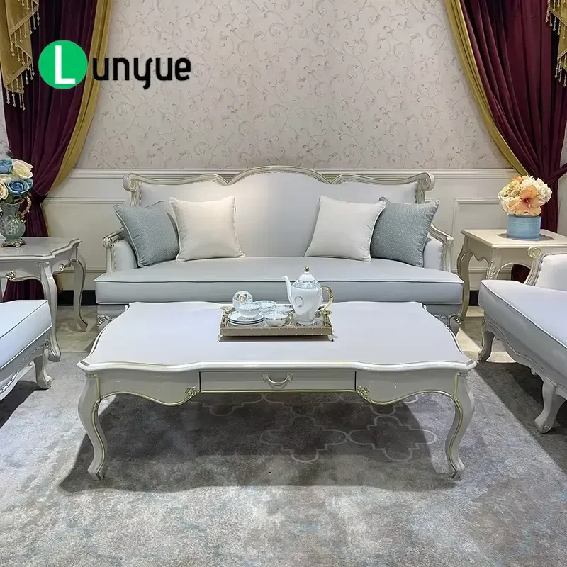 European French Casual Gray Leather Sofa 123 Set Solid Wood Frame Light Blue Simple Fashionable Living Room Furniture