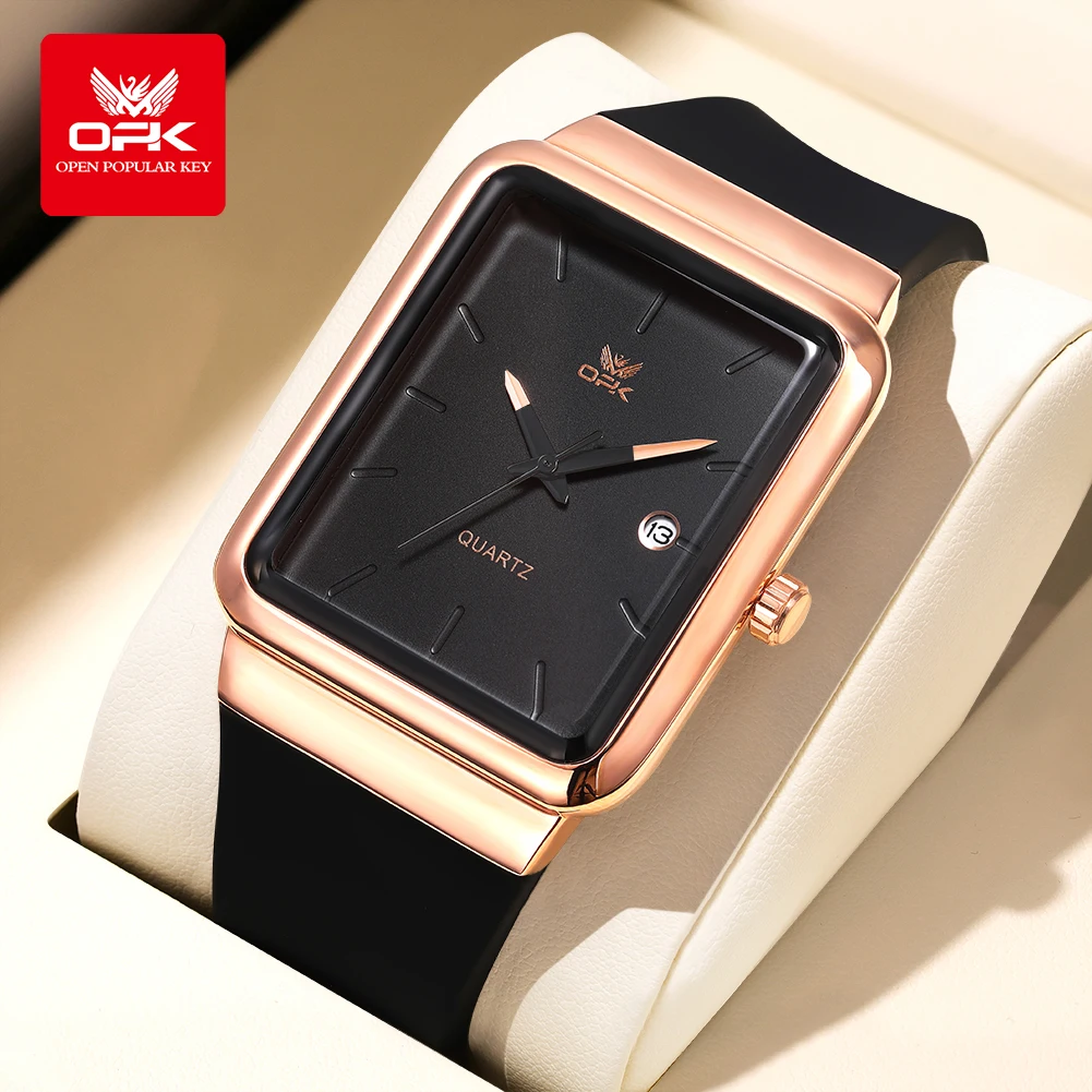 

OPK 8194 Fashion Original Quartz Movement Watch Men 30m Waterproof Calendar Window Square Dial Silicone Strap Watch