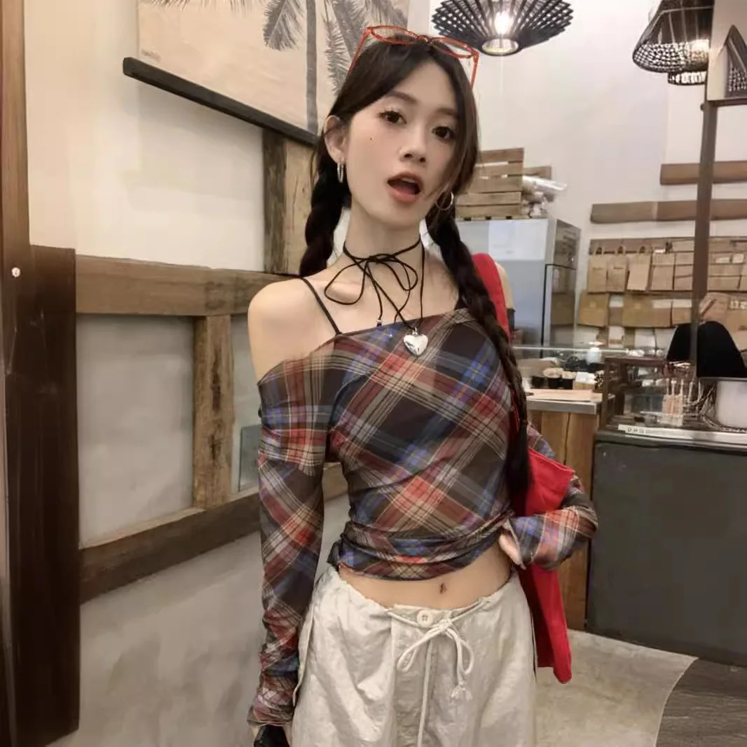 

American retro plaid one-word shoulder mesh T-shirt women's summer stacked sunscreen shirt top