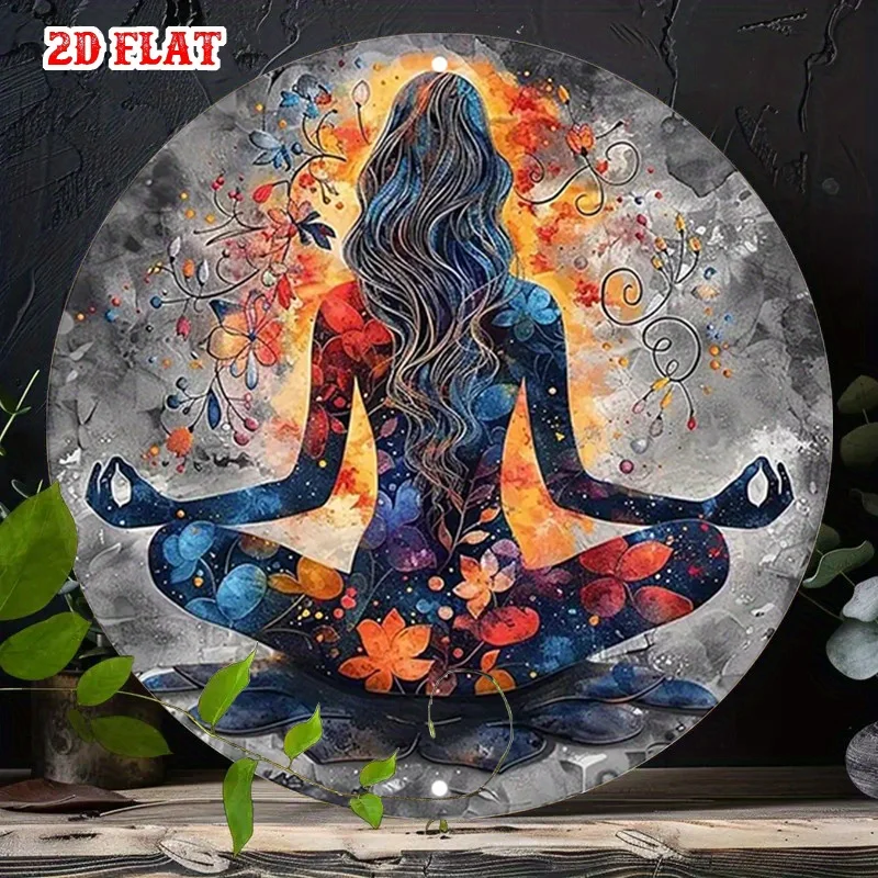 2D Flat, 1pc Yoga Meditation for Lotus Pose Metal Wall Decor - Turquoise Blue & Golden Mandala Design with Om Symbol, 7.8'' Roun