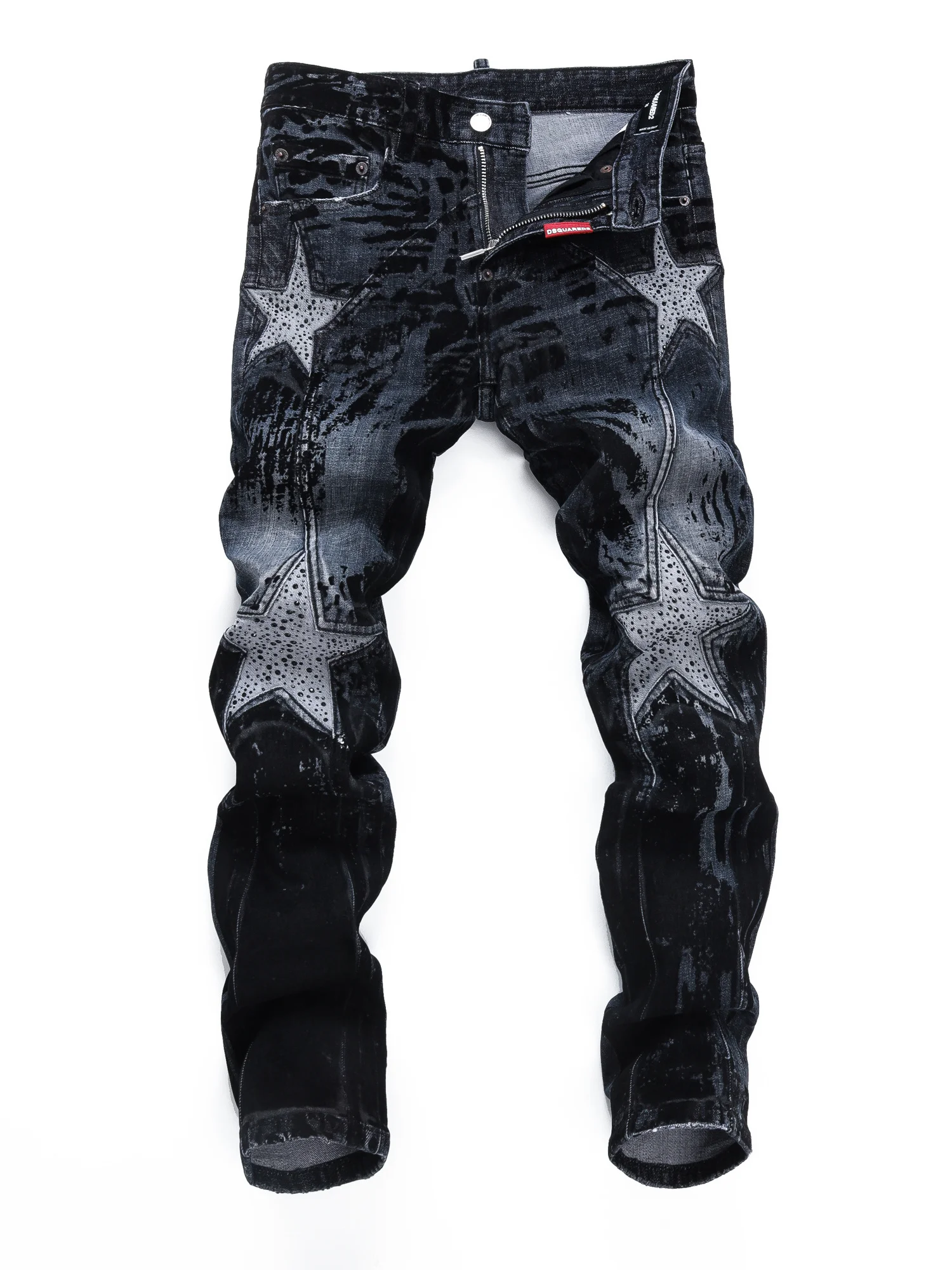 

Trendy High Street Sle Five-Pointed Star Splicing Slim Fit Jeans Men's Bla Luxury D2 Denim Pants Zipper Closure Casual Wear