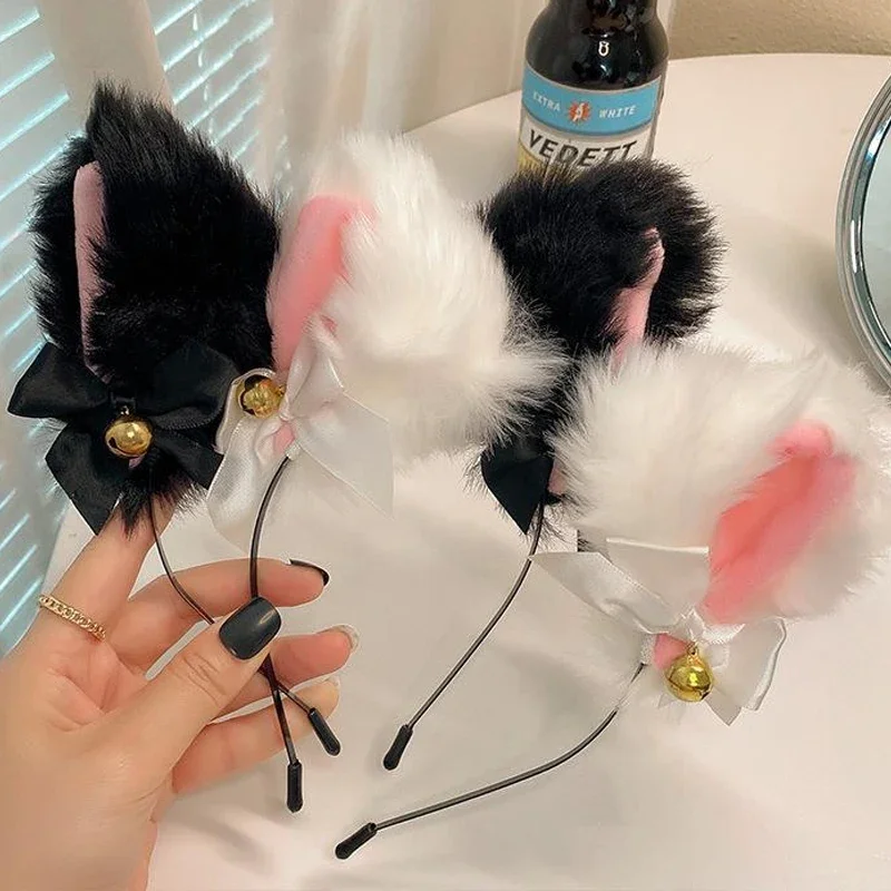 Diadema Sexy con orejas de gato para mujer, collar de lazo de encaje, diadema de campana de felpa, disfraz de fiesta de Cosplay, accesorios para el cabello