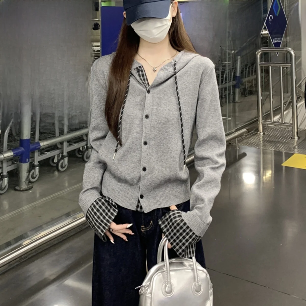 

Chic Knitted Sweater Coat Women's Casual Long Sve Hooded Andy Velvet Autumn Winter Plaid Patchwork Top Quali Chinese Brand