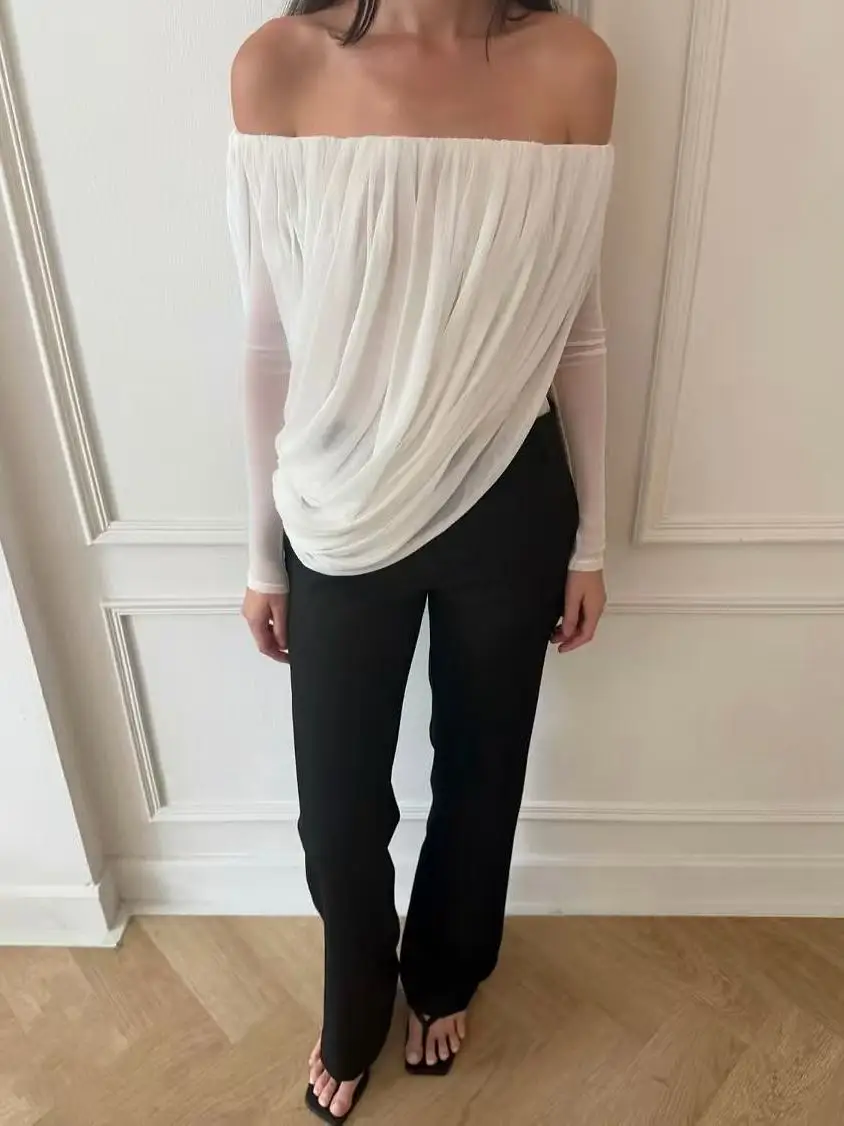 

Elegant Long Sleeve Mesh Top One Shoulder Design Slim Fit Pleated Bodice Concealing Excess Flesh Chiffon Material Color