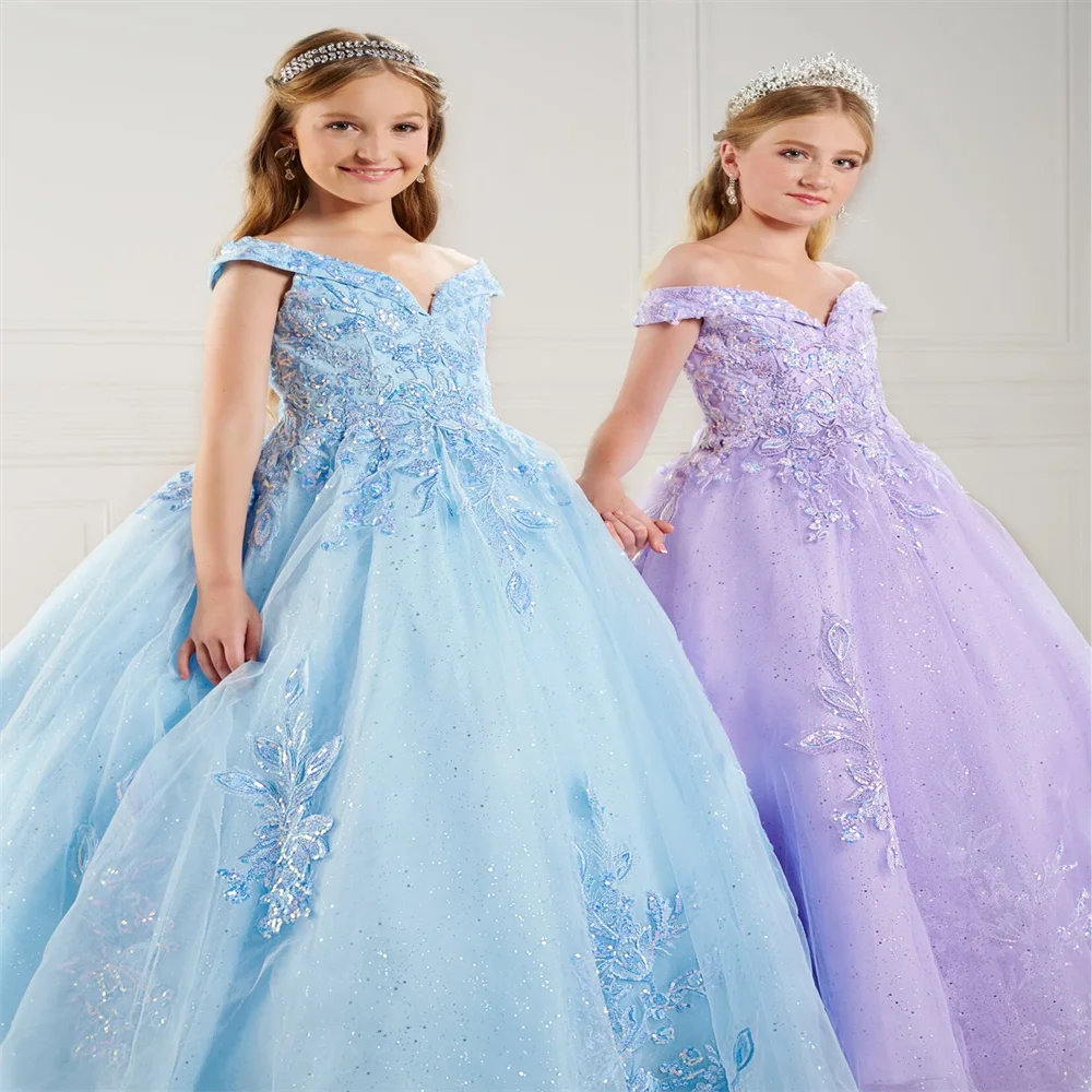 New Sky Blue Flower Girl Dress elegante Appliqué con scollo a v Off-The-spalla celebrazione della laurea battesimo Pageant Birthday Junior